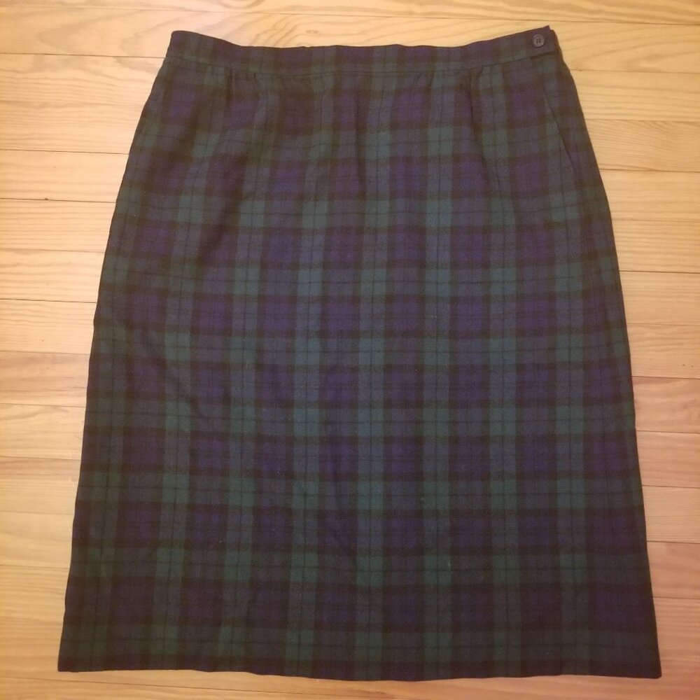 Pendleton Size 34 Black Watch Plaid Green Blue Skirt 70s Virgin Wool Heritage
